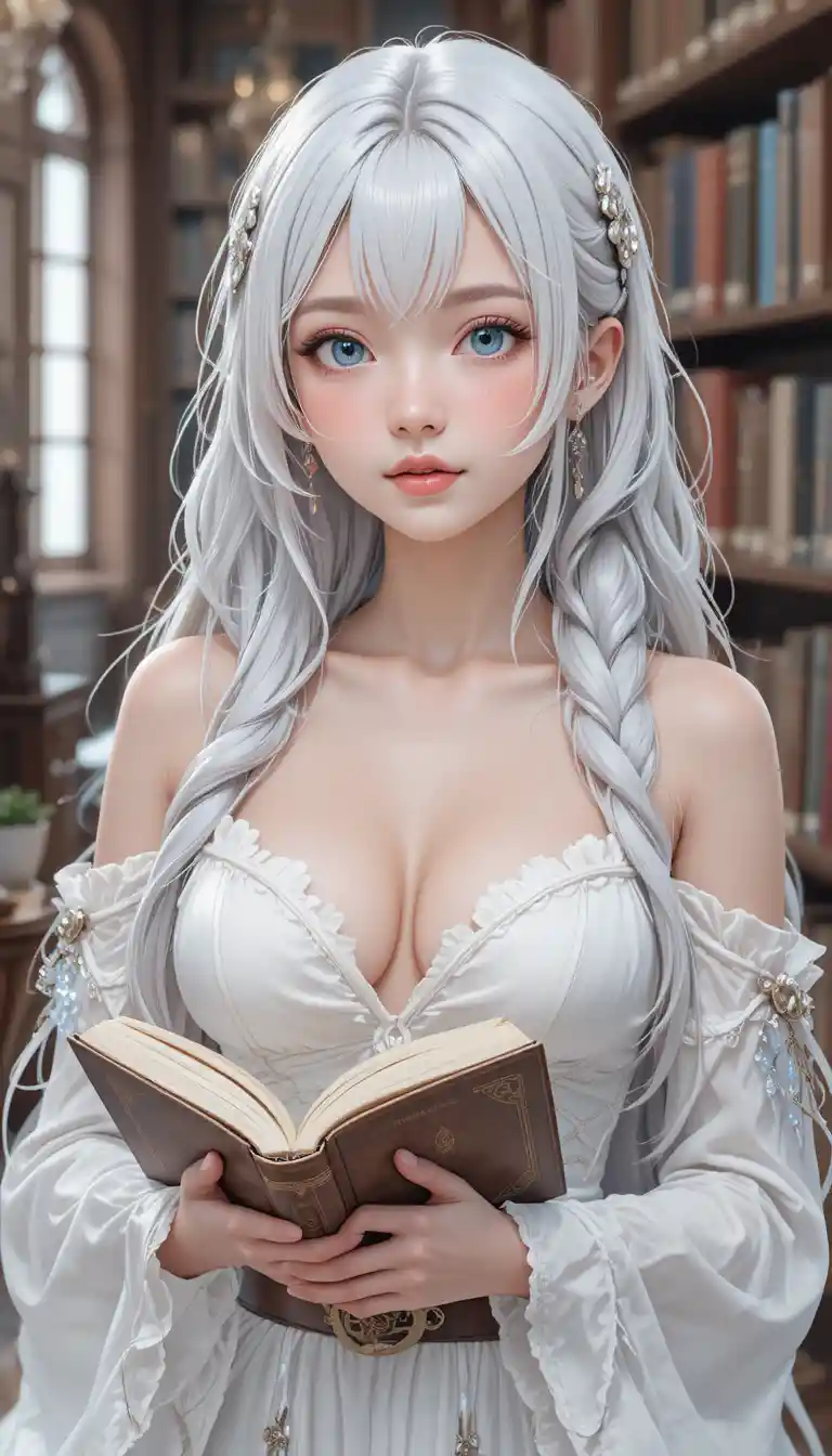 White haired anime girl with staff in a quiet library