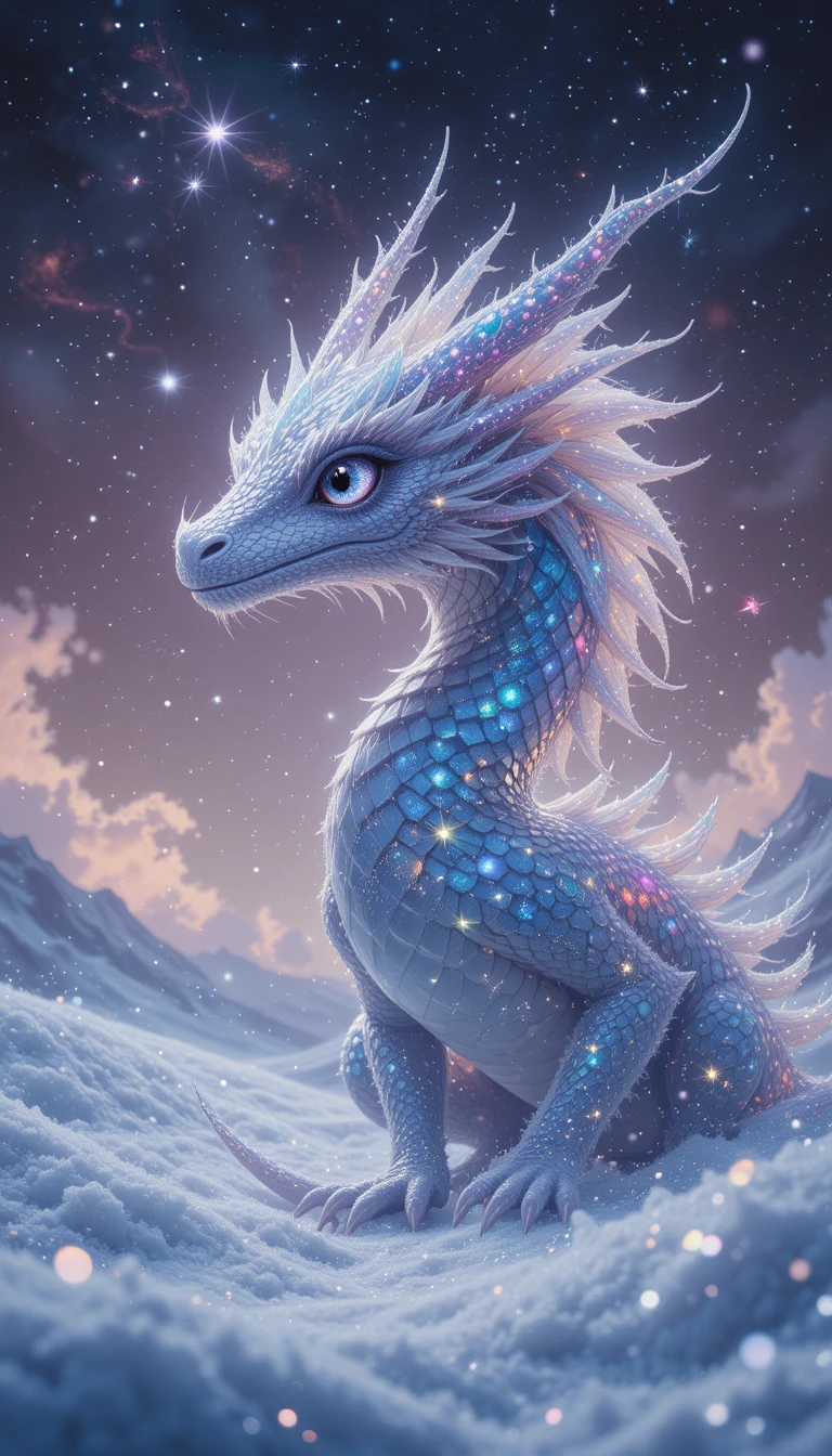 Ethereal dragon gazing into a star filled cosmic void