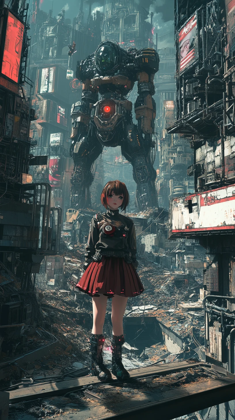 在未來感公共廣場廢墟中哭泣的動漫少女