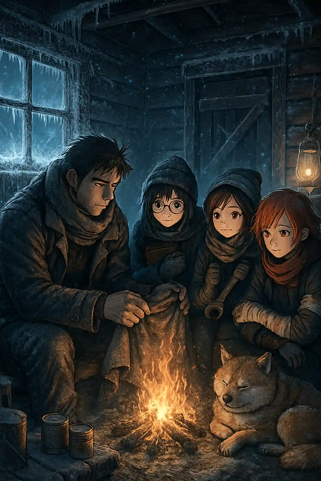 Anime survivors gathered around a hearth in snowy cabin