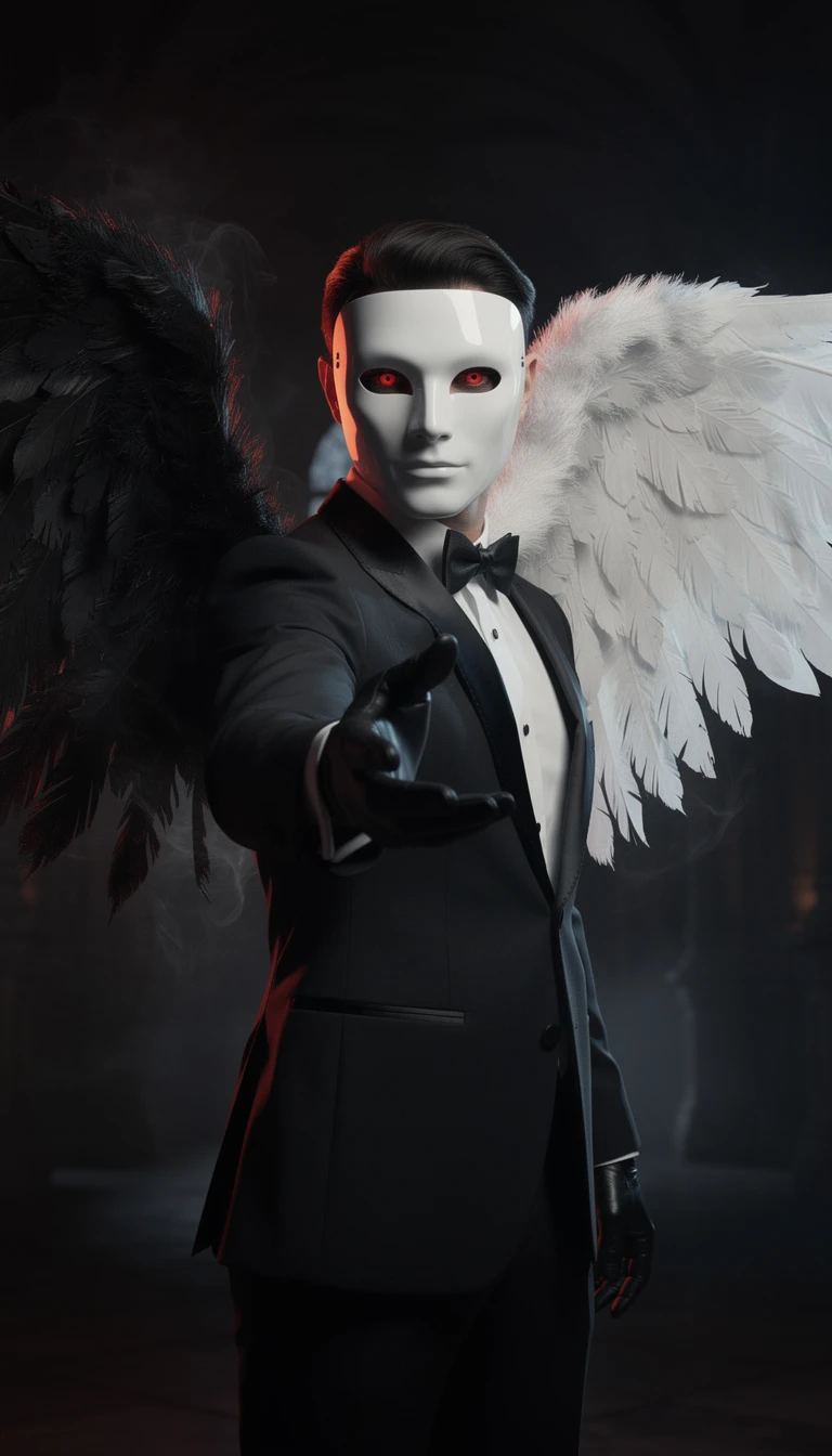 Masked man with angel and demon wings reaching from shadows