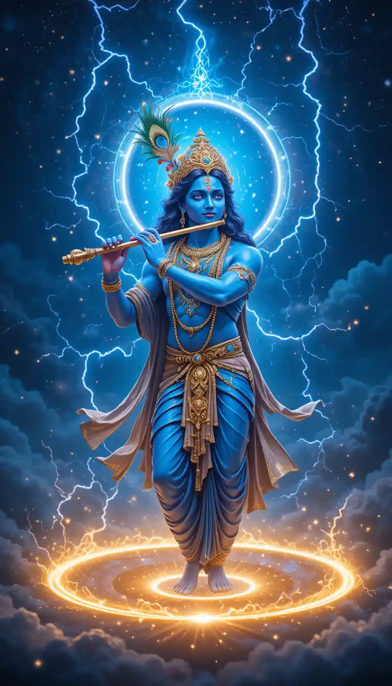 Divine blue figure playing flute amid cosmic golden ring