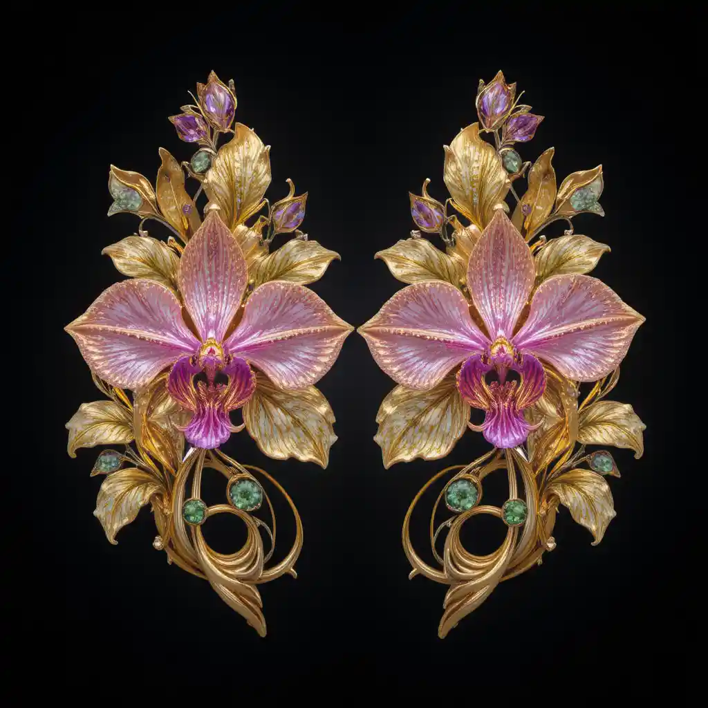 Gold orchid gemstone earrings with pink and purple stones