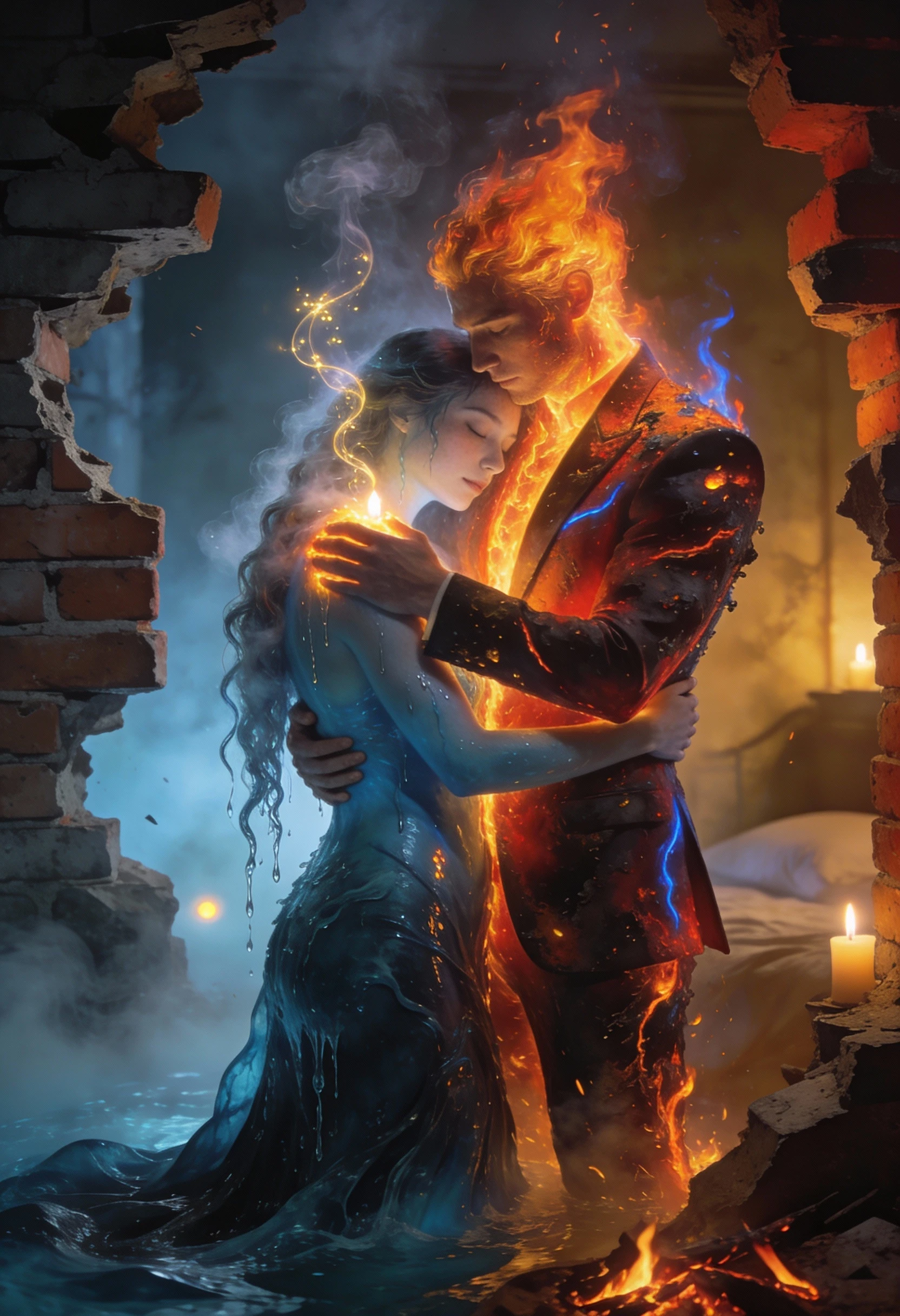 Elemental lovers embracing amid a broken brick barrier