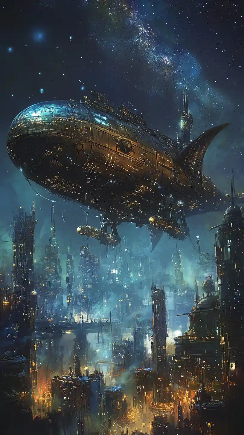 Futuristisches Drachen-Luftschiff über einer dunklen Cyberpunk-Stadt