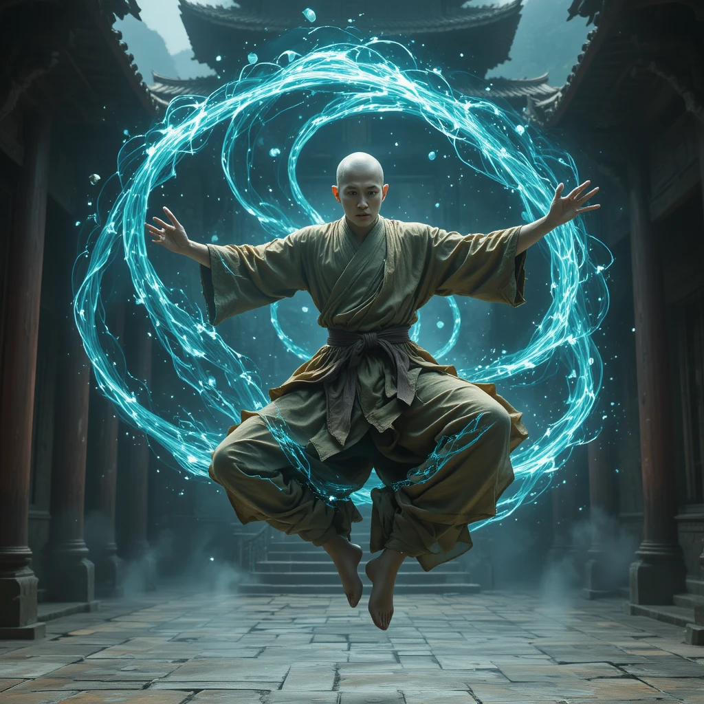 Bald monk levitating in a temple courtyard with magic energy