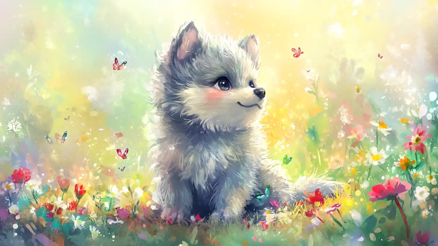 Cute baby wolf pup in a sunny watercolor meadow
