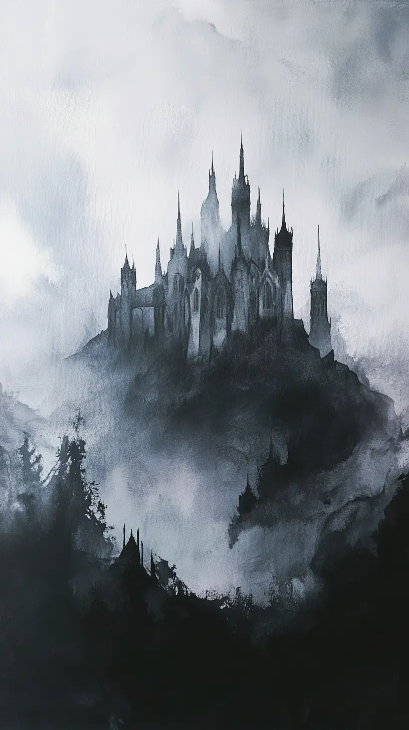 Watercolor gothic castle on a craggy hill in misty sky