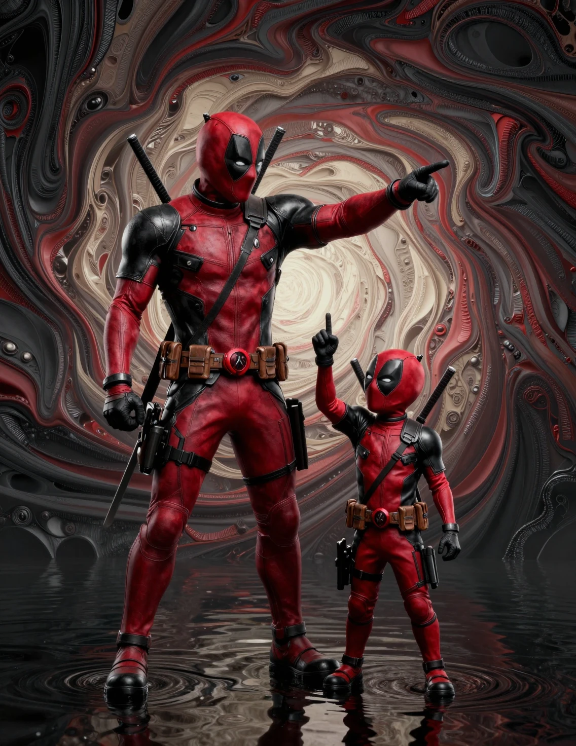 Adult And Child Superheroes Mirroring Gestures In Water