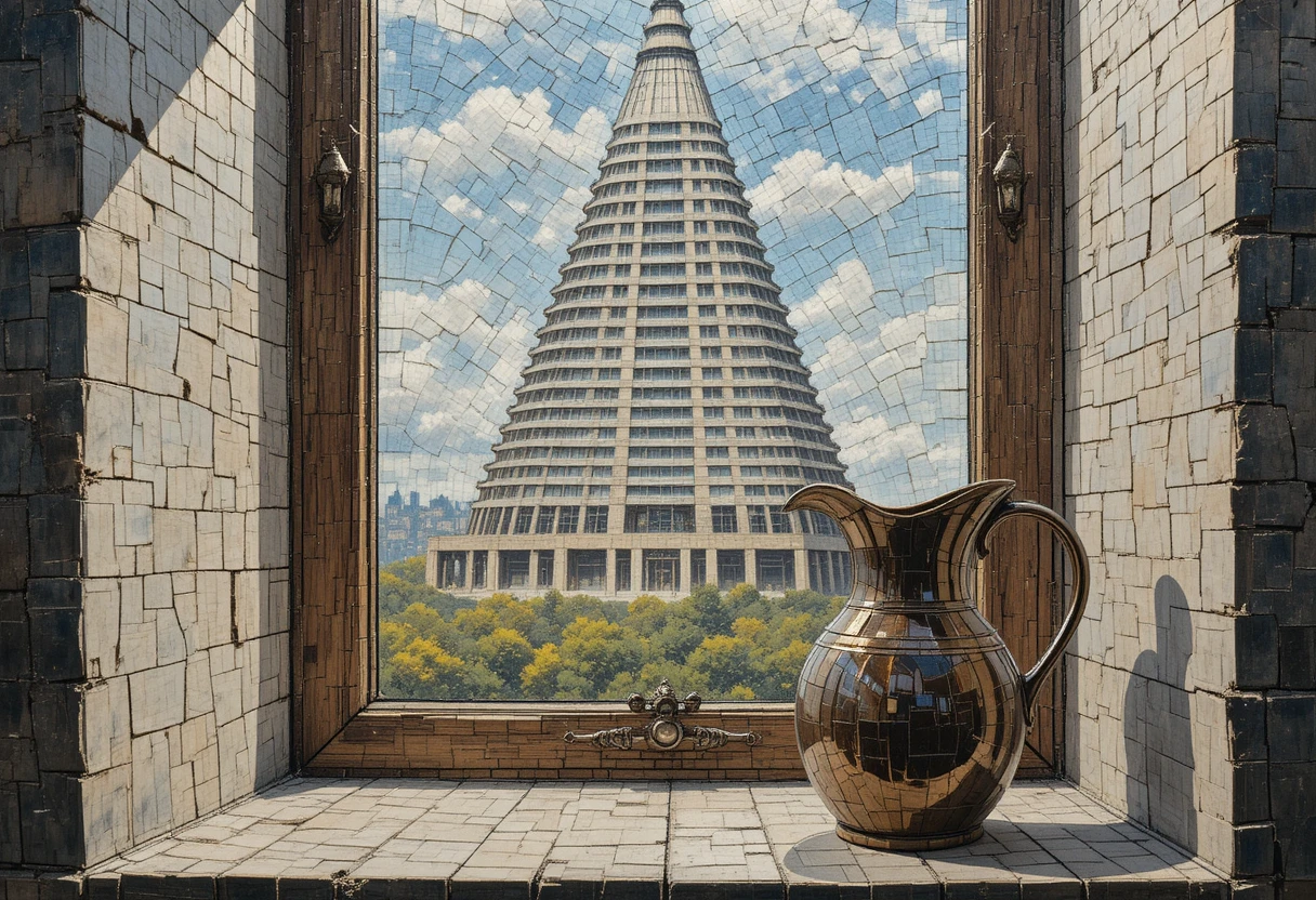 Ölgemälde einer Kanne auf einer Fensterbank mit Hochhaus