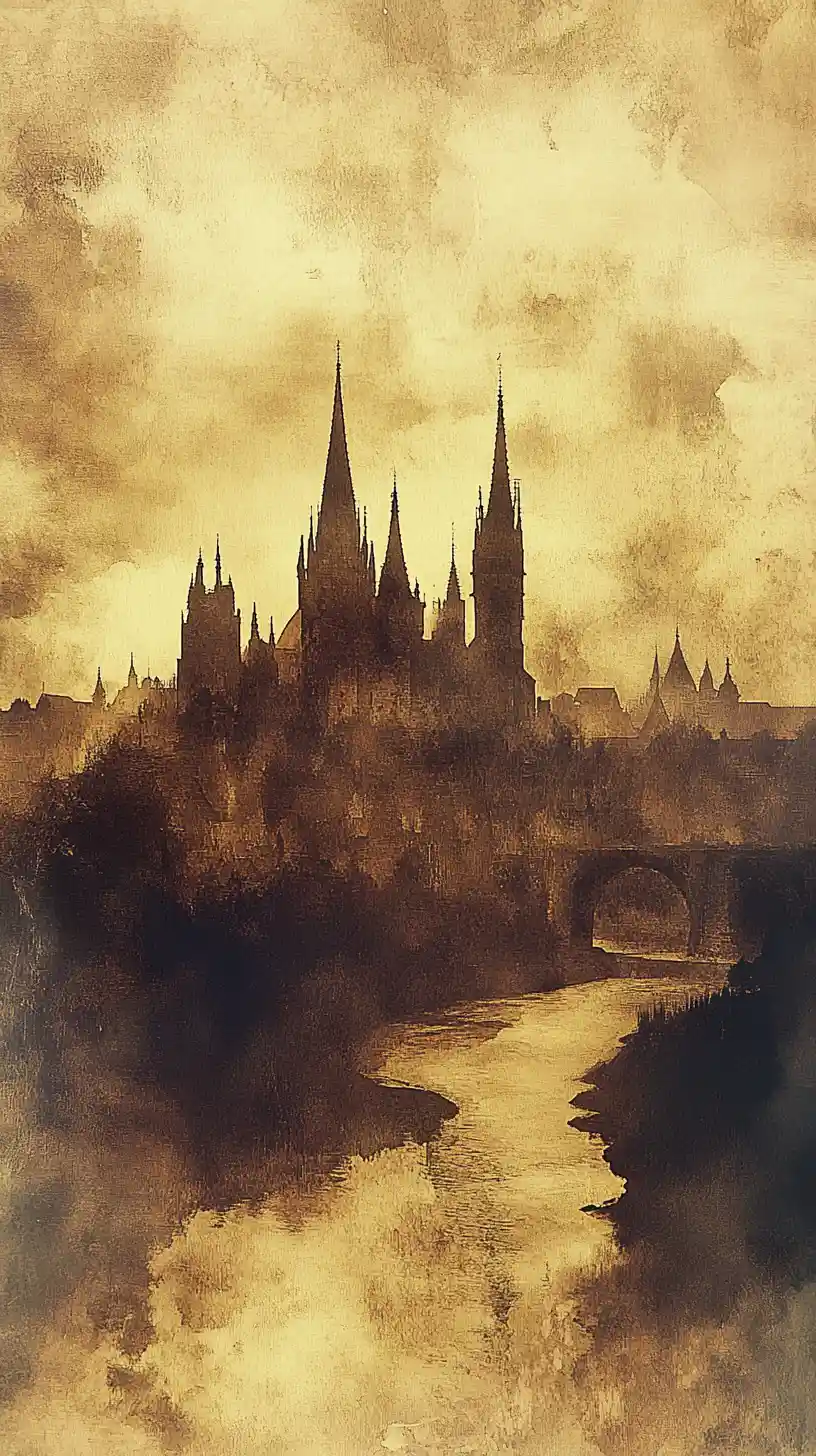 Gothic castle above a winding river under cloudy skies