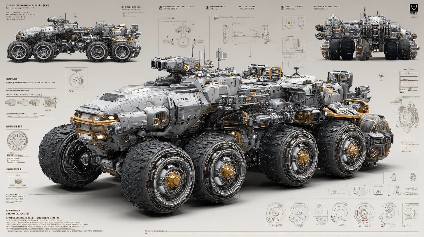 Futuristic armored battle vehicle engineering design layout