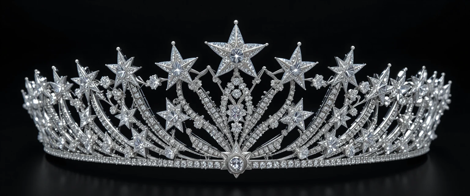 Tiara de ouro branco com estrelas de diamante em fundo preto