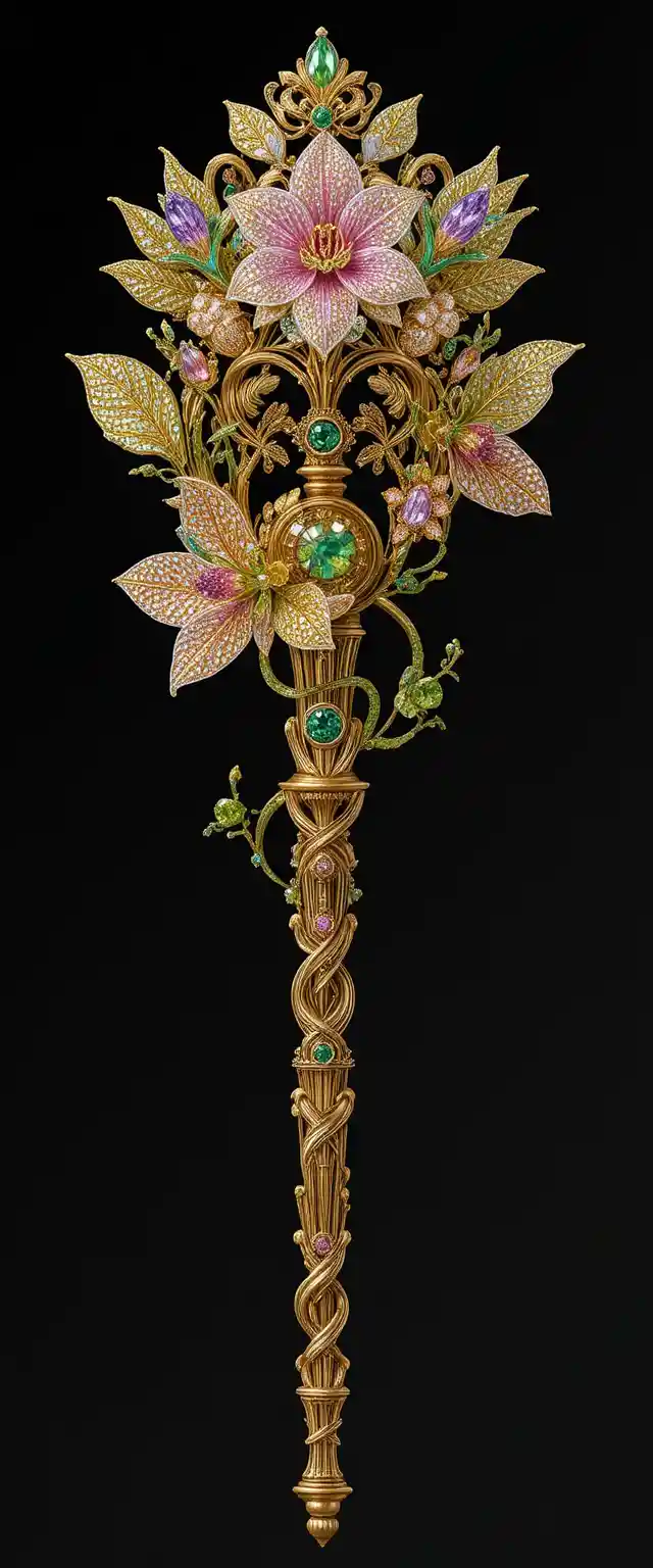 Jeweled golden scepter with gemstone freesia flowers on black