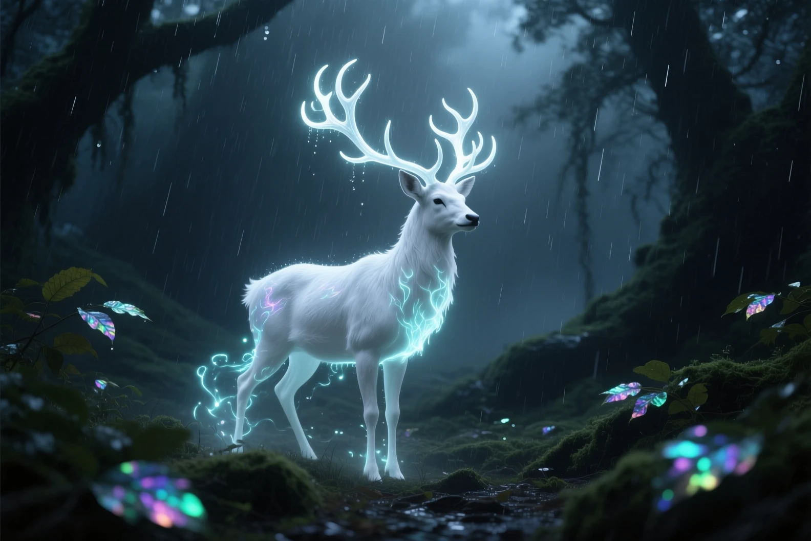 Majestoso cervo branco vagando por uma floresta fantástica e mística