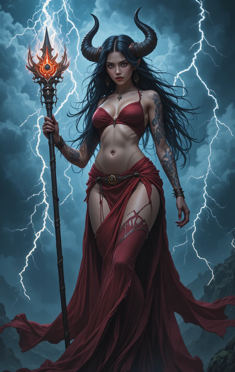 Horned demon woman with staff under stormy lightning sky
