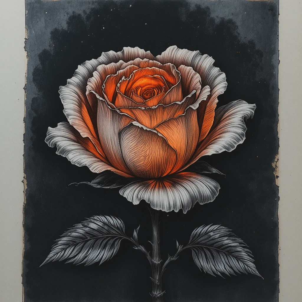 Rosa incisa con bagliore interno simile a brace su sfondo nero