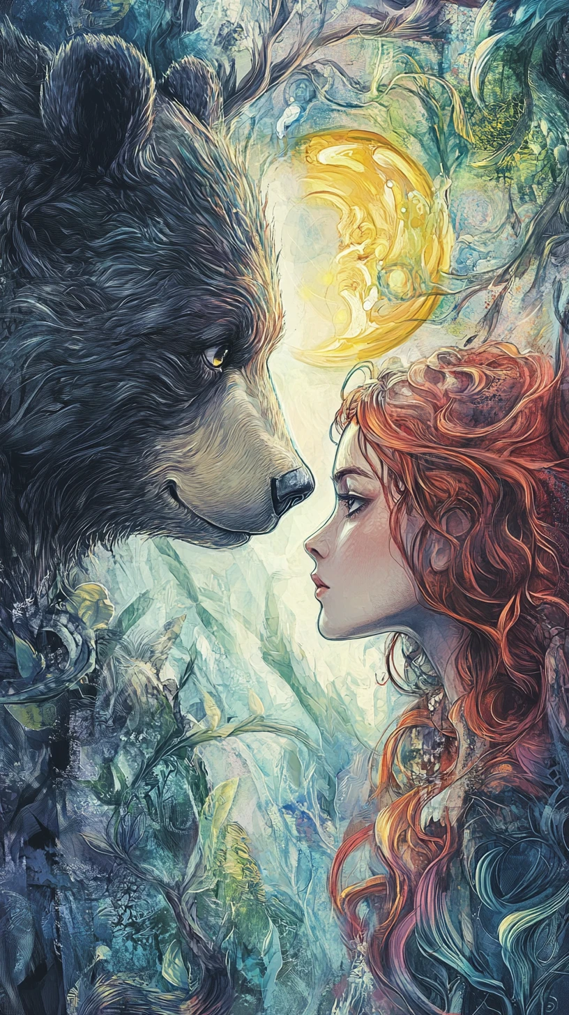 Ragazza e orso quasi naso a naso in un paesaggio fantasy