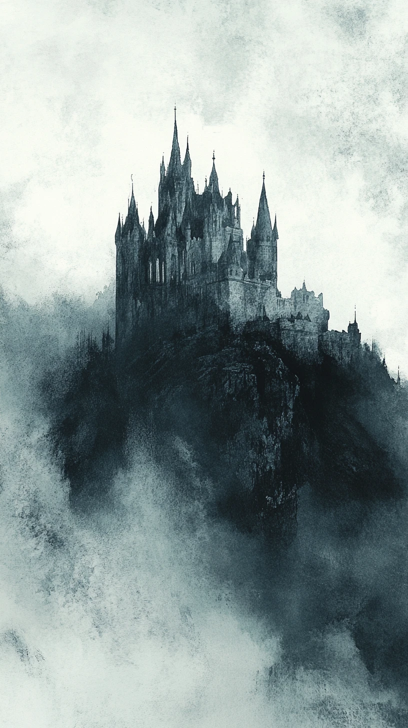Gothic Castle On Craggy Hill In Misty Watercolor