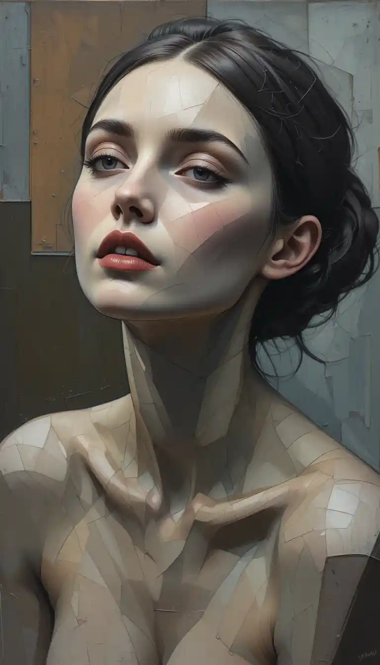 Cubist geometric portrait of a pensive woman in muted colors