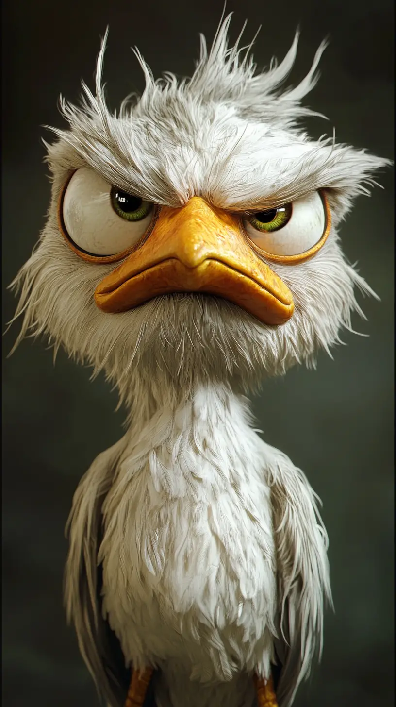 Cartoon realist bird with exaggerated expressive face