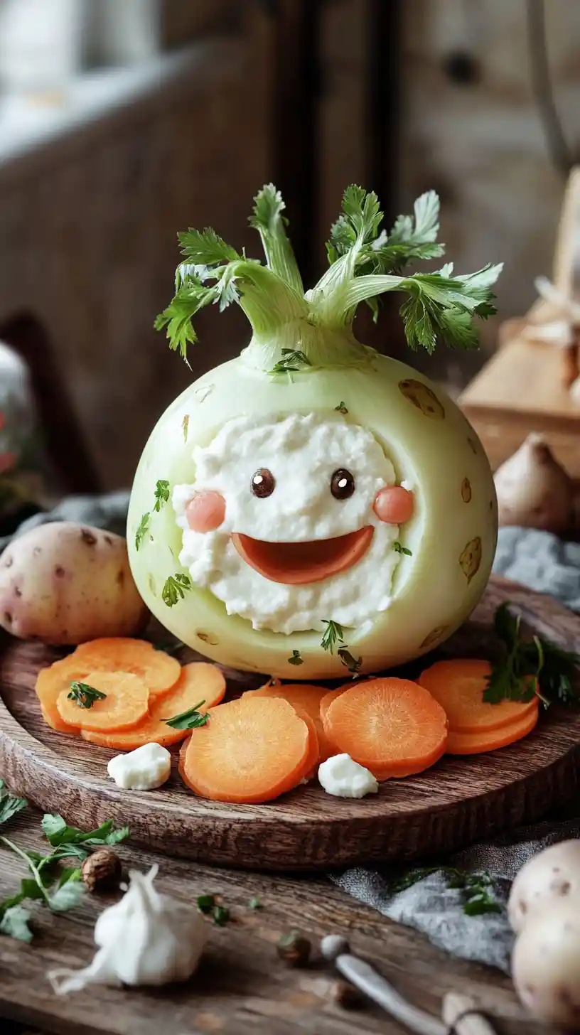 Cheerful kohlrabi and potato still life on wooden plate