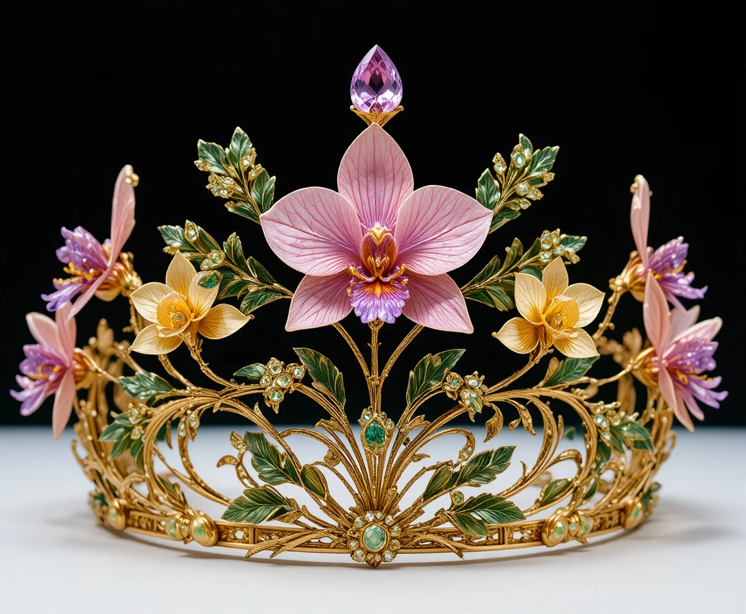 Tiara de Ouro com Orquídeas em Gemas sobre Fundo Preto