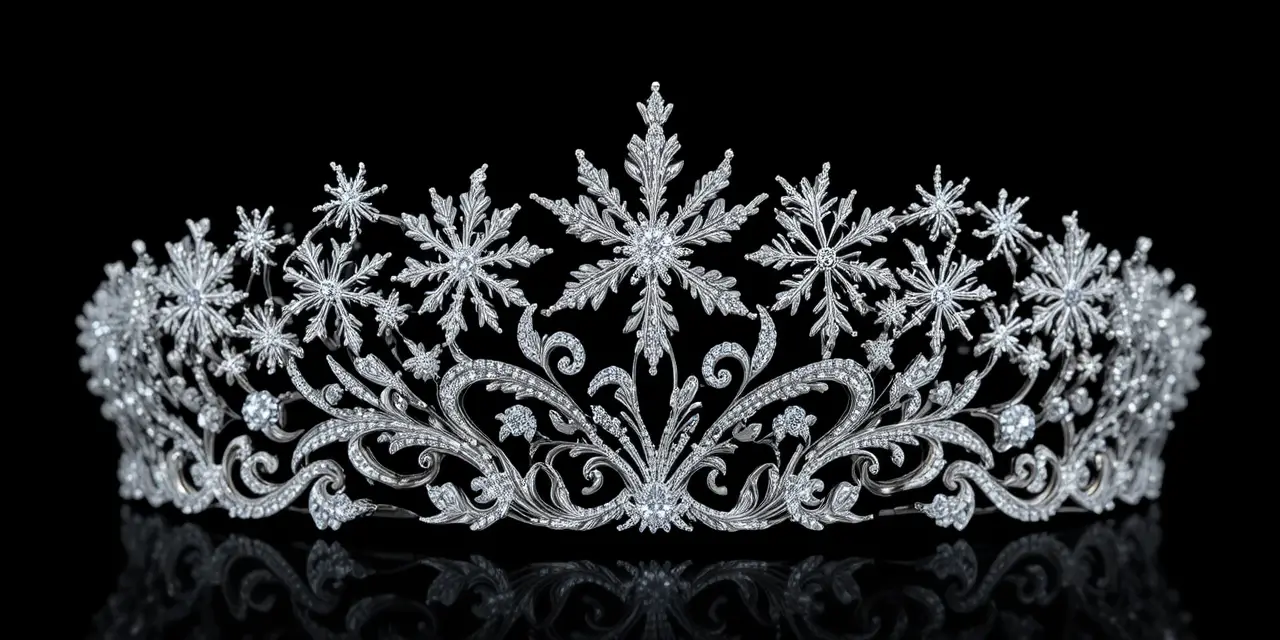 Tiara de ouro branco com floco de neve de diamante e ondas de opala