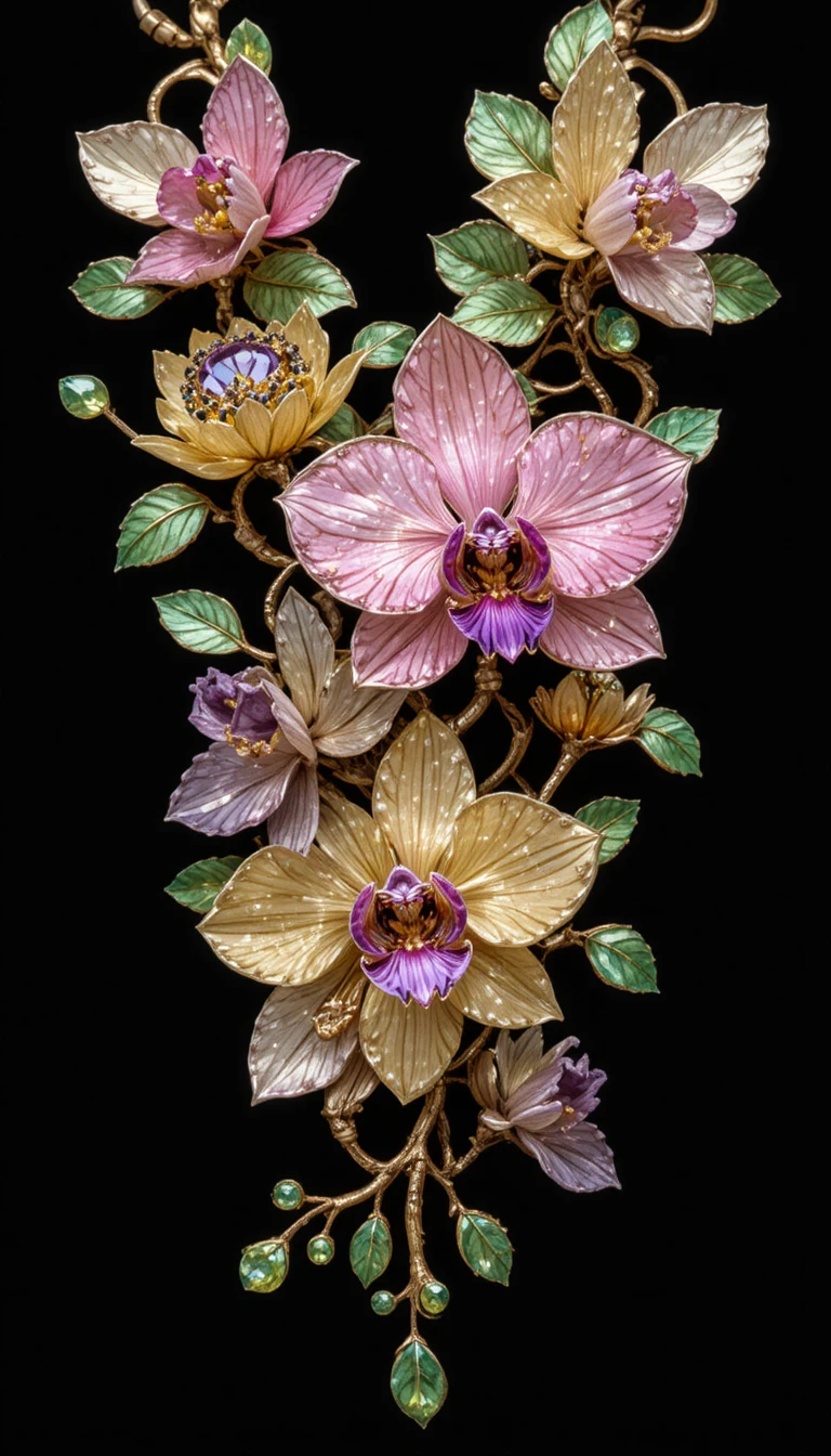 Goldene Orchideen-Edelsteinkette vor schwarzem Hintergrund