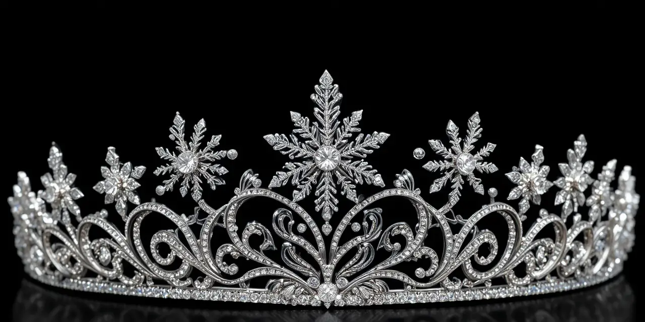 Tiara de ouro branco com flocos de neve de diamante em fundo preto