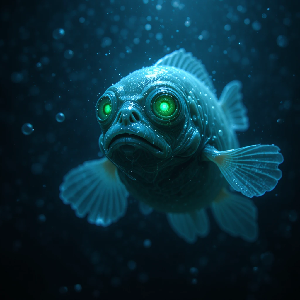 Pez fantasmagórico de aguas profundas con cabeza transparente y ojos brillantes