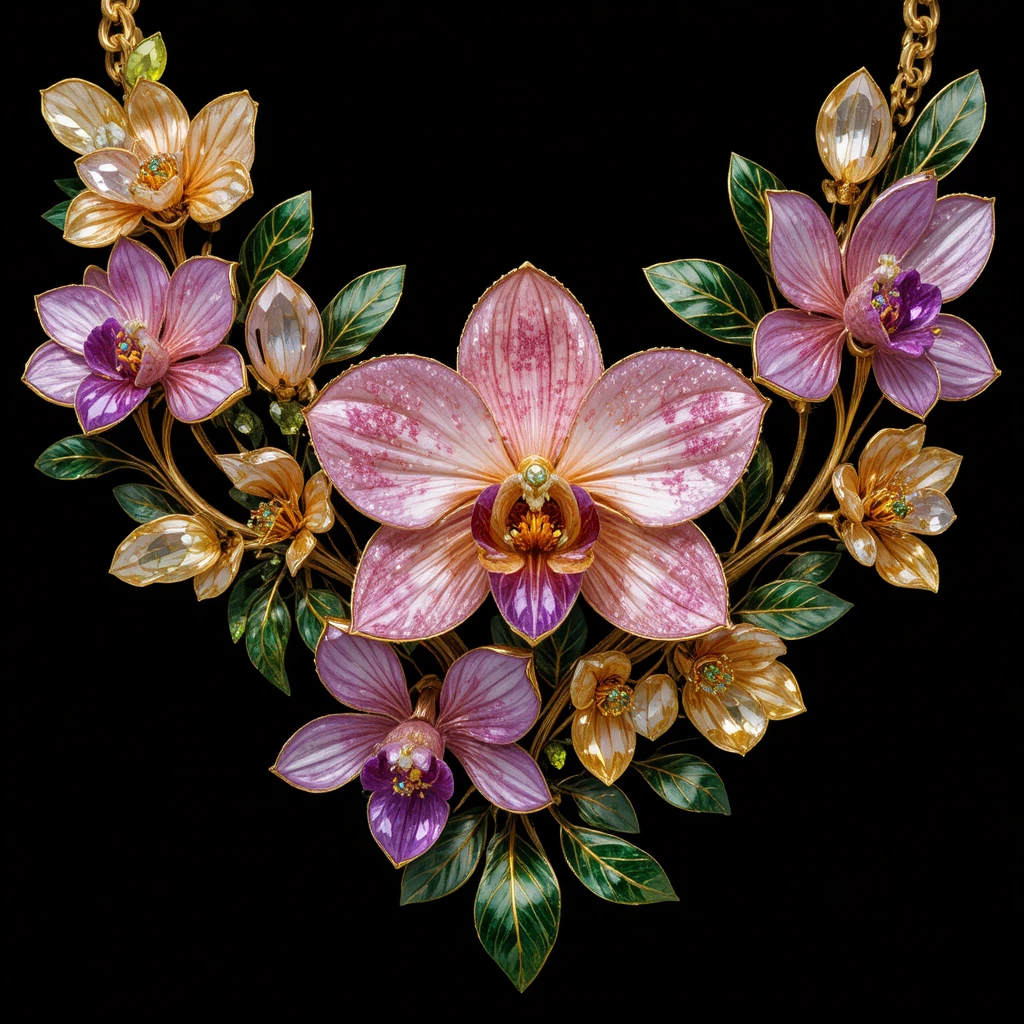 Orchideen-Edelstein-Goldkette auf schwarzem Hintergrund aus der Vogelperspektive