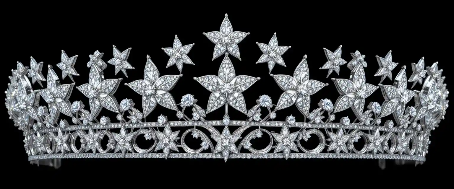 Tiara de ouro branco com estrelas de diamante em fundo preto