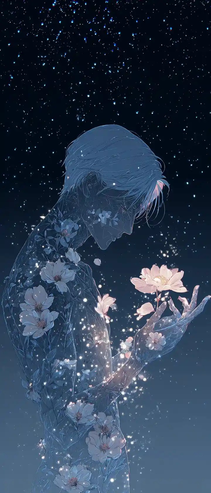 Celestial being of light with blooming flower in night sky