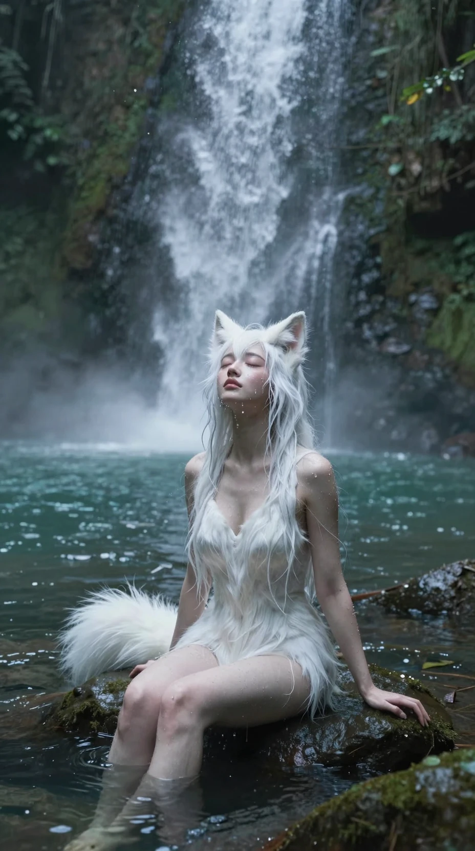 Kitsune woman resting by a jungle waterfall pool