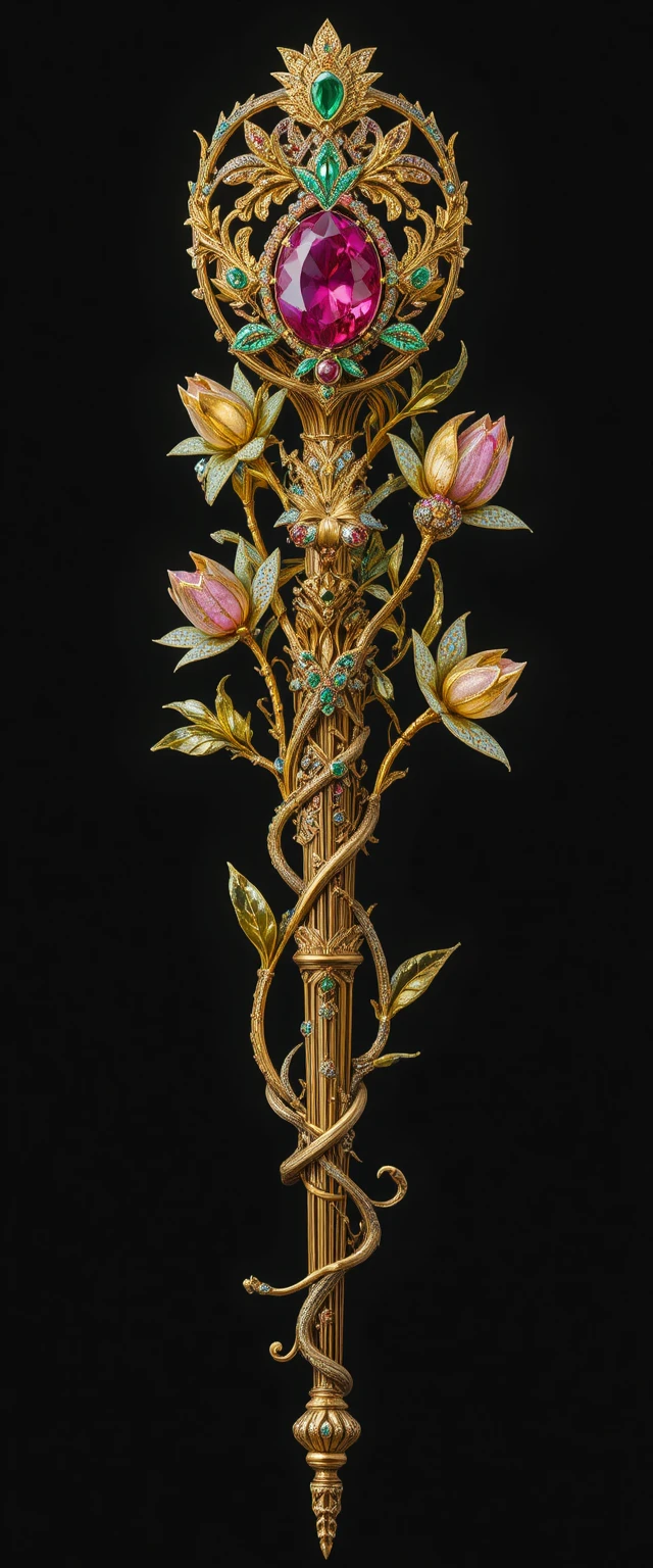 Gemstone tulip scepter with ornate golden handle on black
