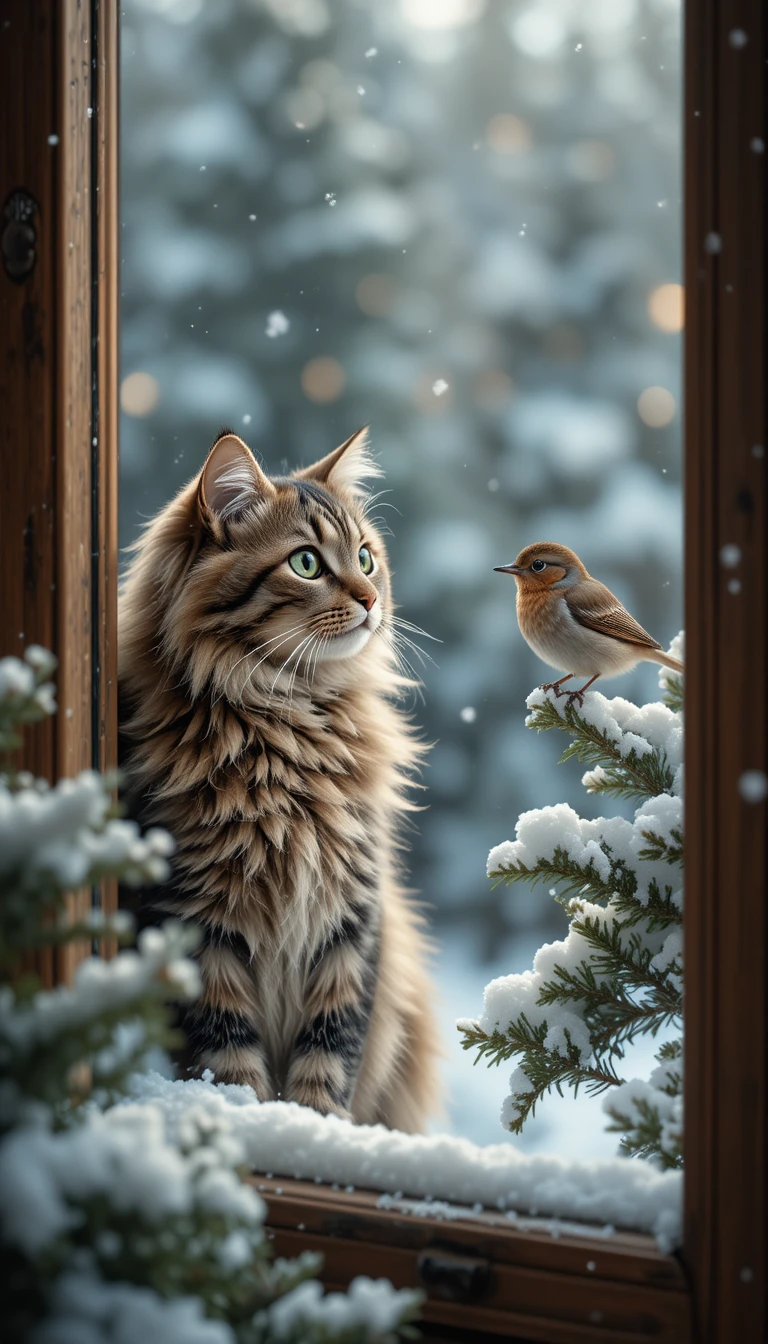冬の雪の中で小さな鳥を見つめる好奇心旺盛なキジトラ猫