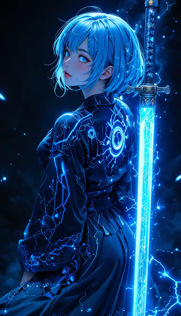 Cyber anime girl with celestial katana and glowing eyes