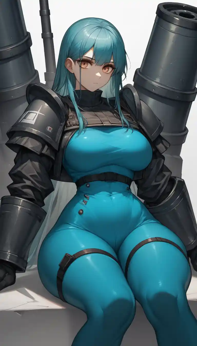 Warrior woman on a massive black cannon in blue outfit