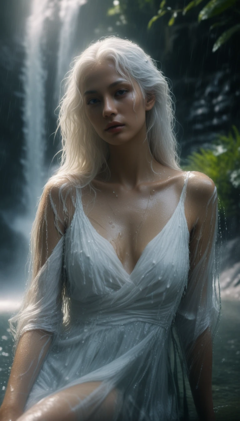 Mythical kitsune woman resting by a jungle waterfall