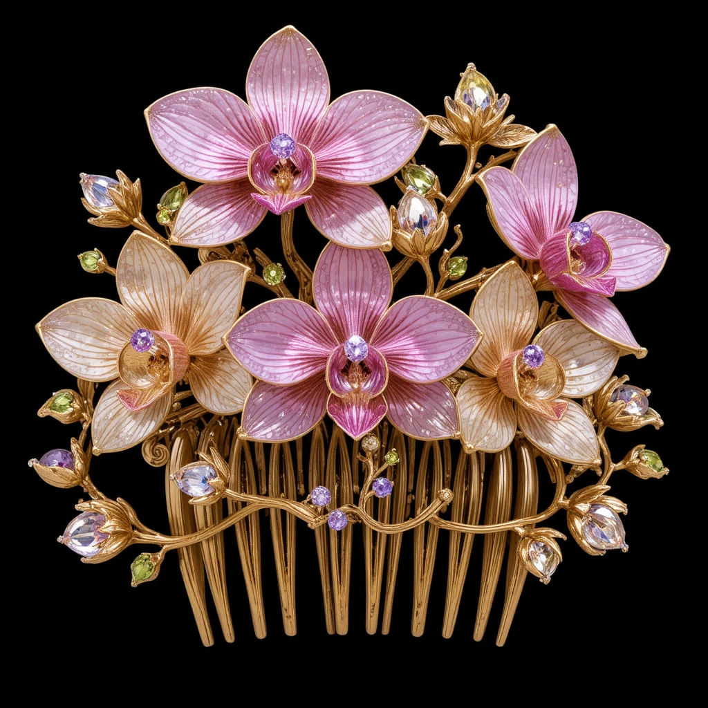 Goldener Orchideen-Haarkamm mit bunten Edelsteinblüten