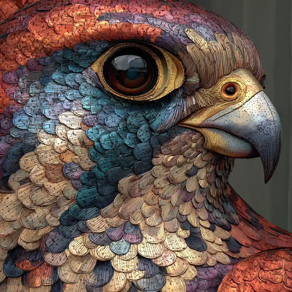 Colorful metal relief artwork of a male kestrel