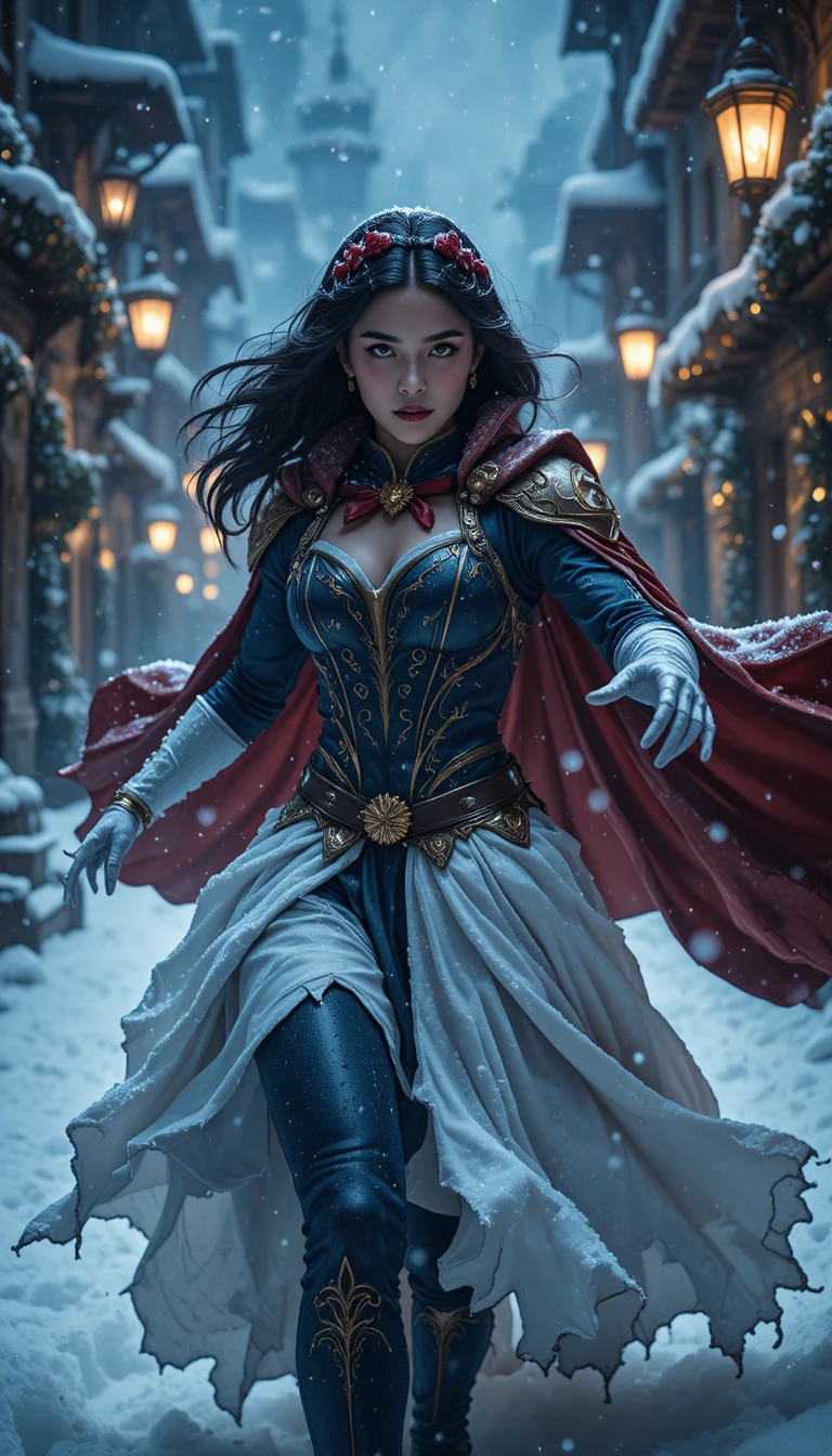 Dark fantasy winter heroine in a magical city blizzard
