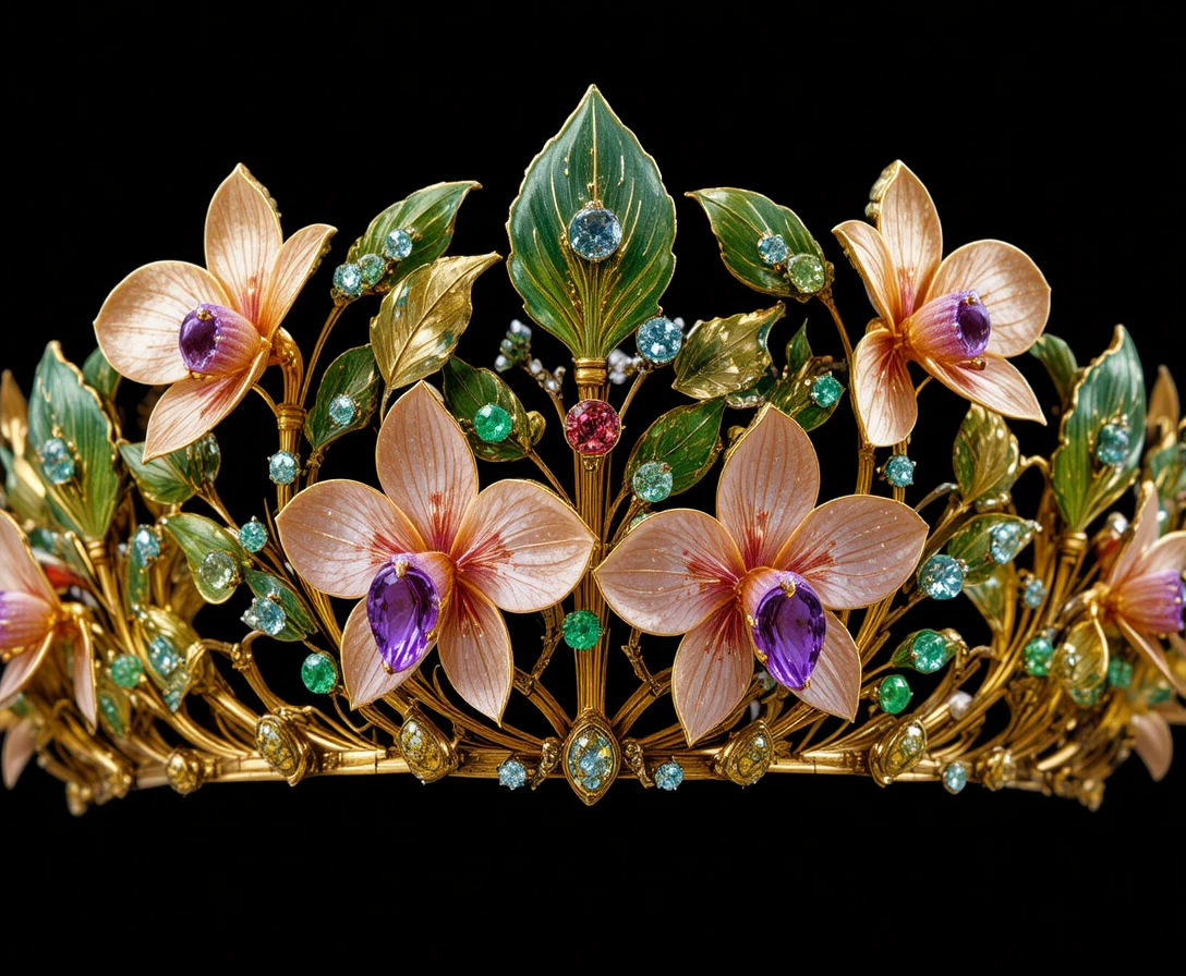 Tiara de ouro com pedras de orquídea em fundo escuro