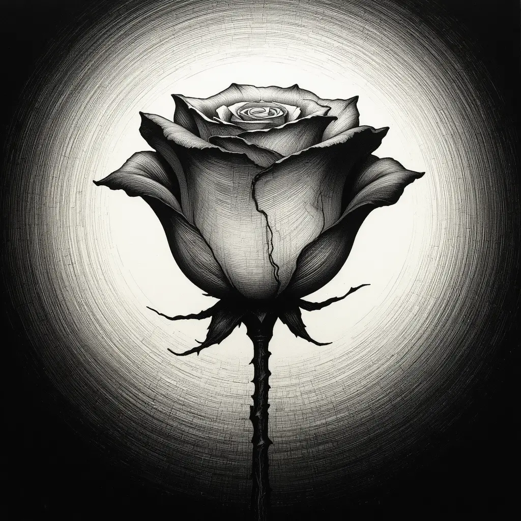 Minimalist white rose engraving on deep black background