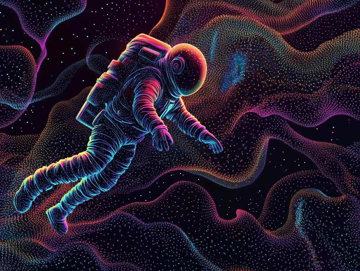 Astronaut schwebt im leuchtenden pointillistischen Weltraum