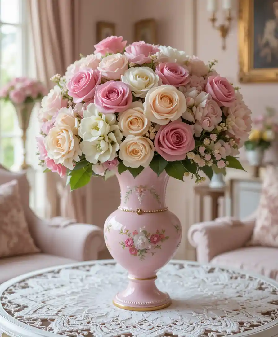 Rosa viktorianische Blumenstraußvase auf Spitzentisch im Wohnzimmer