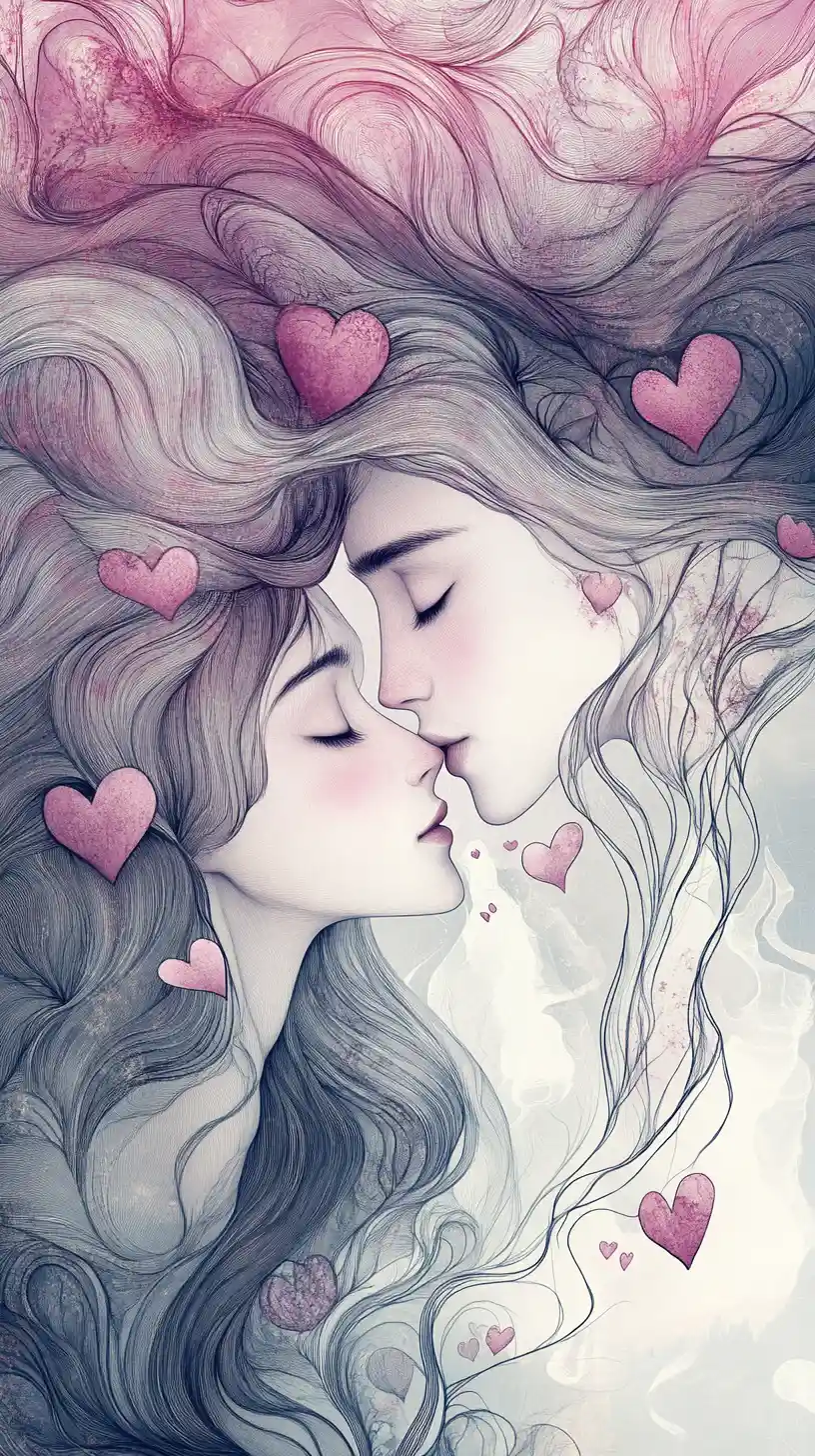 Ethereal line art couple with entwined faces and hearts