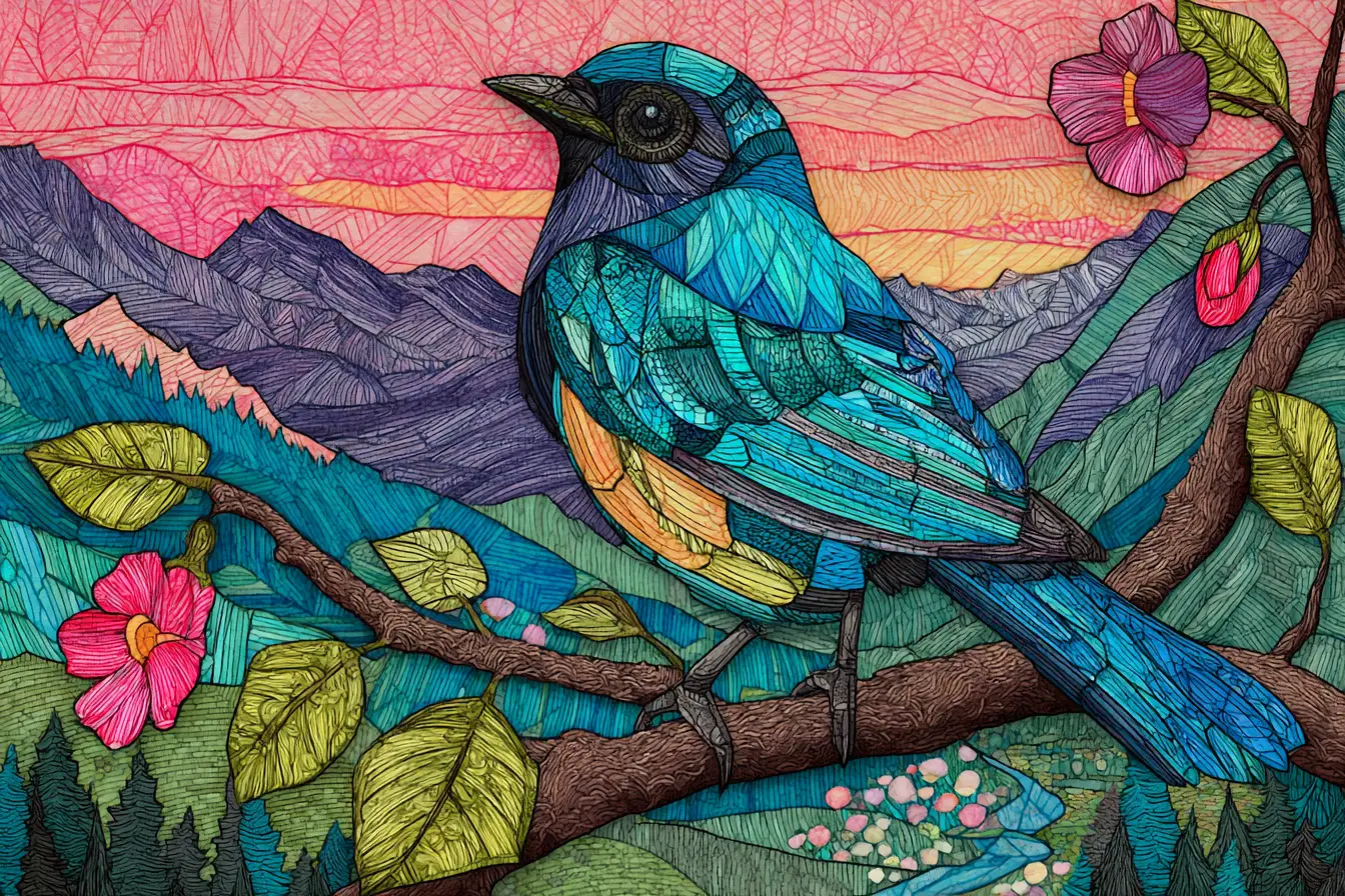 Colorful stained glass watercolor bird on a floral branch