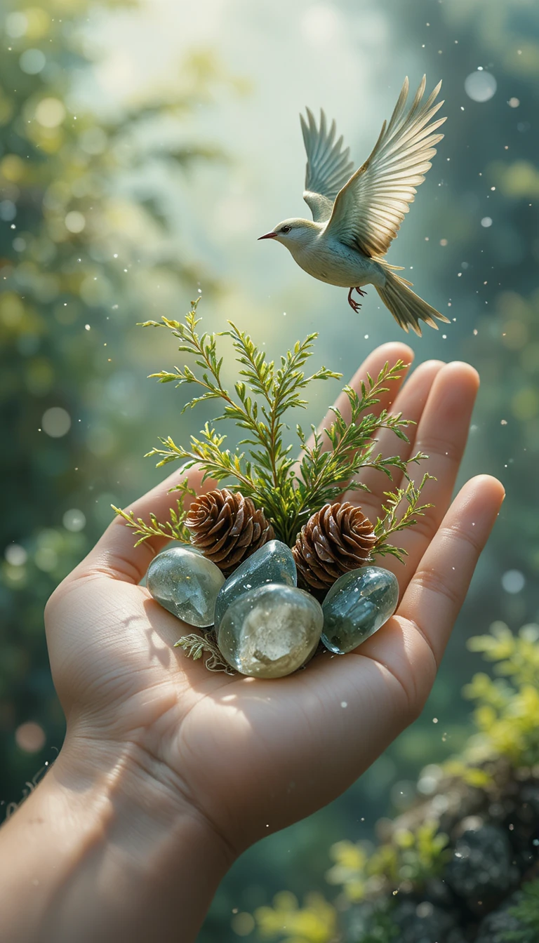 Transparent stones with greenery resting on an open palm